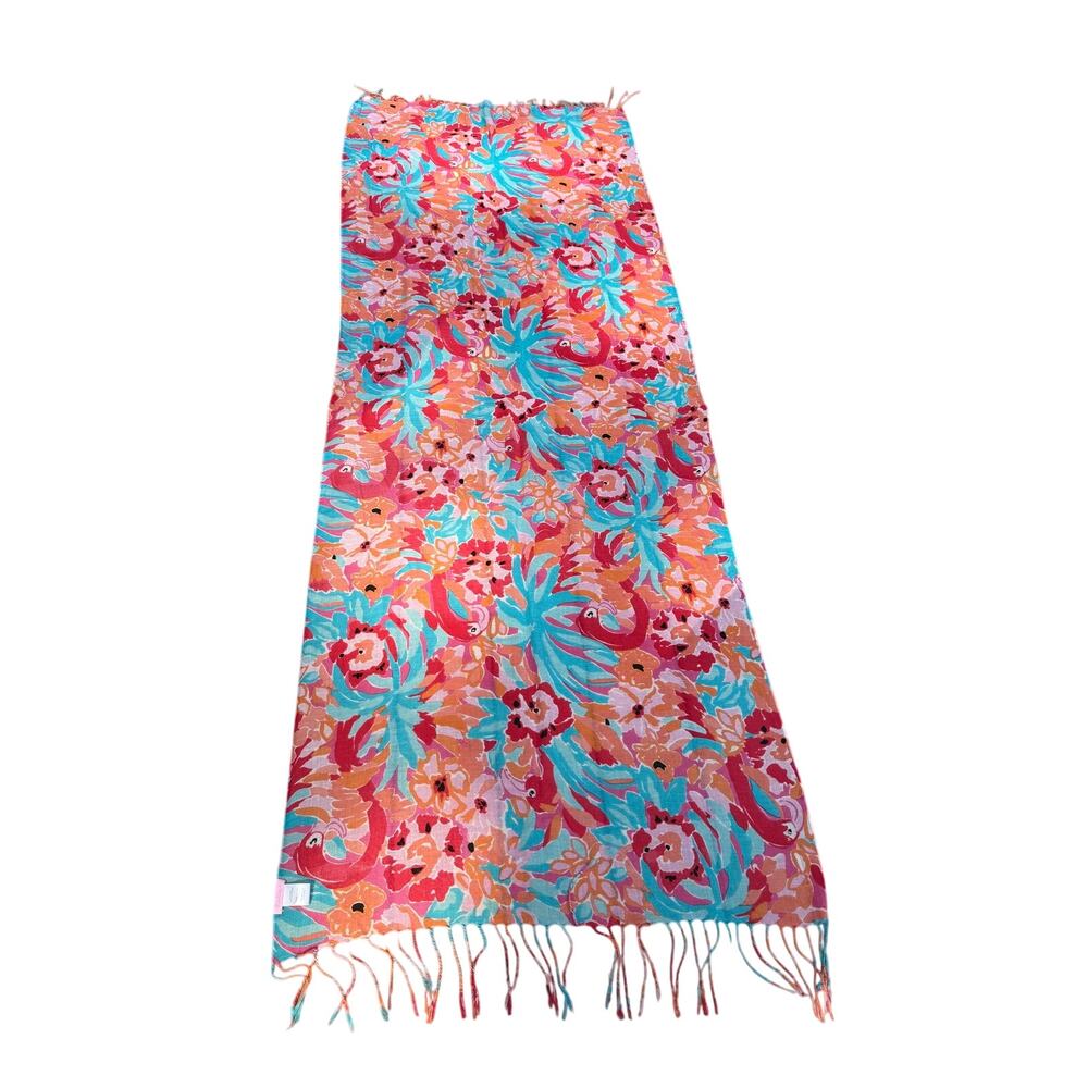 Lilly Pulitzer Silk Cashmere Tropical Flamingo Fringe Scarf Wrap - Picture 11 of 13